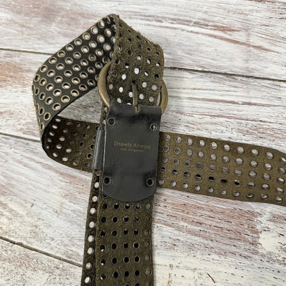 Streets Ahead Belt Womens One Size Olive Green Studded Grommet Wide